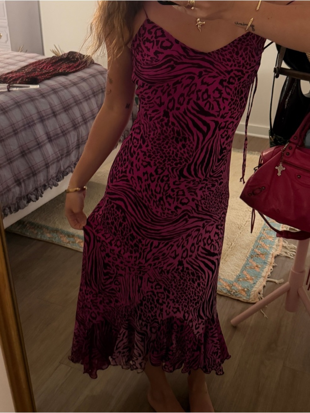 VINTAGE BETSEY JOHNSON SILK HOT PINK ANIMAL PRINT CHEETAH MIDI MAXI DRESS XS P - Picture 7 of 8